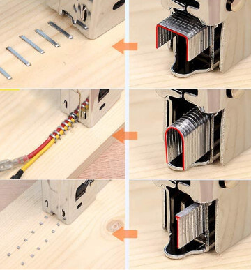 Grapadora tres en uno multifunción: grapas, clavos y grapas redondas